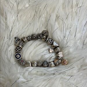 Pandora Silver and Pink Charm Bracelet with Intricate Designs